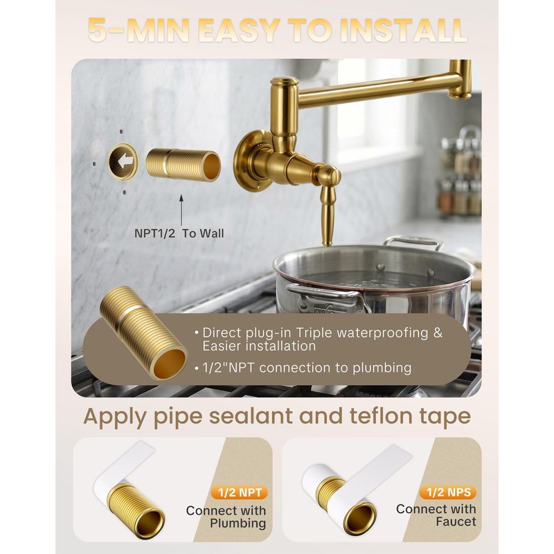 Pot Filler Faucet, Wall Mount Pot Filler Kitchen Faucet (Gold)