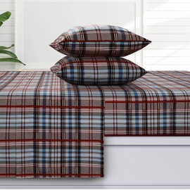 Tribeca Living Brentwood Plaid Flannel Twin XL Sheet Set, Super Soft 100% Cotton, Extra Deep Pockets, Brown