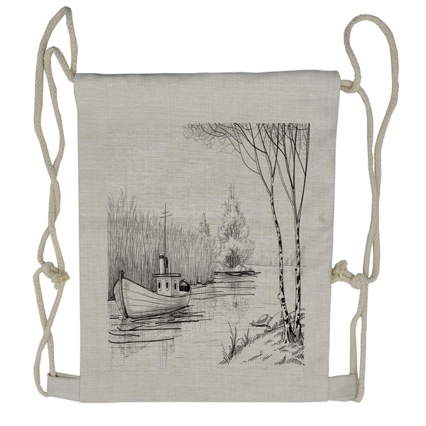 Ambesonne Sketchy Drawstring Backpack, Black White Boat River, Sackpack Bag