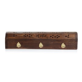 VR Angel Wooden Incense Stick Holder Storage Box With 20 x Incense Sticks, Handmade Brown Coffin Box, Ash Catcher With Brass Inlay, Perfect for Any Occasion (Ganesha Design)