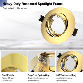 Wondlumi 6X GU10 Downlights for Ceiling Round Gold Metal Mounting Frame for Recessed Ceiling Lights 360° Tilt Swivel GU10 Spotlight Fittings 240V, Outer Diameter: 90mm, Cutout: 68-85mm, No Bulbs