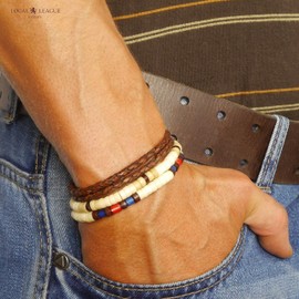 LOCAL LEAGUE Mens Surfer Beaded Leather Bracelet Set of 3 SURF CREW HAWAII - Adjustable Cord Wristband Natural WHITE Beads Man Boys Wrap Rope Holiday Party Clubbing Festival Gift