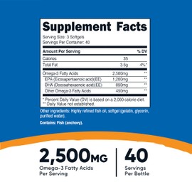 Nutricost Omega 3 Fish Oil - 2500MG, 120 Softgels (40 Serv) - Fish Oil, Wild Caught! 1200mg EPA 850mg DHA - Non-GMO, Gluten Free