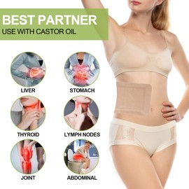 STFOCE 20pcs Castor Oil Pack Wrap, Portable Self-Adhesive, Disposable Castor Oil Pack Organic Cotton for Stomach, Liver, Belly & Entire Body, No Leaks, No Irritation, Stick Overnight (Kahaki)