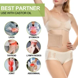 STFOCE 20pcs Castor Oil Pack Wrap, Portable Self-Adhesive, Disposable Castor Oil Pack Organic Cotton for Stomach, Liver, Belly & Entire Body, No Leaks, No Irritation, Stick Overnight (Kahaki)