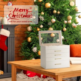 Somduy Jewelry Box, 5 Layers Jewelry Storage Display Box with Glass Lid for Women, 4 Drawers,Large Capacity for Necklace Earrings Bracelets Rings,White