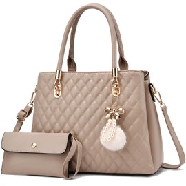 Nexum Womens Leather Handbags Top Handle Tote Satchel Shoulder Bag with Pompom for Ladies Perfect for Daily Use Khaki