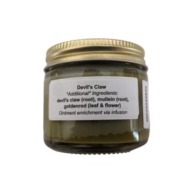 Catskills Comfrey Devil's Claw, 2oz: for joint discomfort: devil's claw (root), comfrey (leaf), mullein (root), goldenrod (flower); 100% infused ointment. No EOs, essences, fragrances, extracts.
