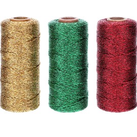 Pangda 984 Feet Christmas Twine String for Crafts Bakers Cotton Twine Decorative Jute Metallic Gift Wrapping Rope Cord for Xmas DIY Gift Tags Butchers(1 mm,Gold, Red, Green)