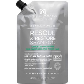 MARTHA DEBAYLE Shampoo REFILL POUCH RESCUE & RESTORE. Brillo hidratado para cabello áspero y maltratado. Con ceramidas y Sacha Inchi Peruano. Sin parabenos y ftalatos. 450 m