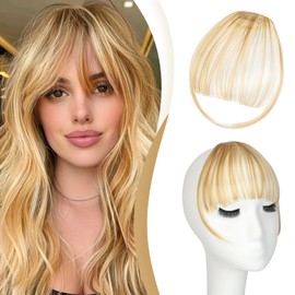 FELENDY Clip in Bangs Light Blonde Mix Bleach Blonde Fake Bangs Straight Across Front Wispy Bang Hair Extensions Natural Fringe with Temples Synthetic Bangs Hair Clip