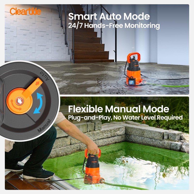 Cleartide Submersible Sump Pump, Smart Water Sensor Auto On/Off, Manual/Auto