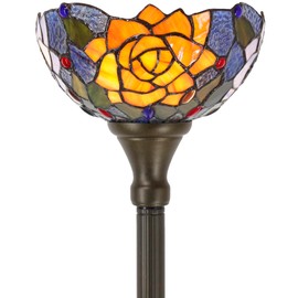 AVIVADIRECT Tiffany Torchiere Floor Lamp Stained Glass Standing Corner Torch Uplight 10X10X65 Inch for Bedroom Living Room Home Office (Purple Orange Rose Flower)
