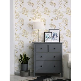 Safiyya 590"x17.3" Peel and Stick Wallpaper Gold and White Contact Paper Floral Wallpaper Self Adhesive Removable Wallpaper for Bedroom Covering Vinyl Rolls