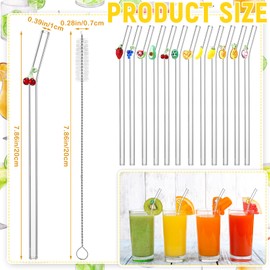 Honeydak 12 Pcs Glass Straws with Design Reusable Cute Fruit Drinking Straws 7.9in x 8mm Colorful Party Favors Decorations with 2 Cleaning Brushes