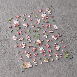 5D Embossed Spring Nail Art Stickers Pink Bunny Flowers Nail Decals Cute Bow Floral Green Leaf Easter Nails Design Relief Adhesive Nail Stickers Nail Supplies for Women Girls Nail Art Decorations