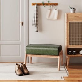 ACONUP Modern Ottoman Foot Stool, Faux Leather Accent Sofa Footrest with Walnut Rubber Wood Frame, Ottoman Bench for Living Room Entryway Bedroom Sofa Seat, Hunter Green