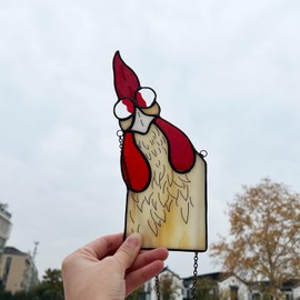 Peeping Rooster Stained Glass Window Hanging Suncatcher, Chicken Lover Gift for Women Mom Grandma, Funny Window Corner Hanging Decor, Rooster Chicken Decor Staring