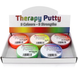 Premium Set of 5 x Therapy Putty Squeezable Non-Toxic, Hand Exercise, Anti-Stress - 5 Strengths for Adults & Children 57g Colour Coded Tubs