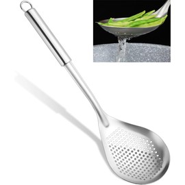 Stainless Steel Skimmer Ladle, Round Handle, Stainless Steel Skimmer for Cooking and Frying, Pasta Strainer Spoon Frying Spoon Kitchen Cooking Colander Spoon(36.5cm)