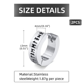 PSOWQ 1 Pair of Nordic Viking Hoop Earrings Men's Amulet Protection Jewellery Gifts Stainless Steel Men's Stud Earrings with Nordic Elder Futhark Runes - Silver, Stainless Steel