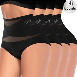 4-Pack/Set High-Waist Shaping Panties for Women- Seamlesslce Silk Mesh Control Briefs, Tummy slimming & Butt LiftingUnderwear Breathable Everyday:_Black 4pcs_XS