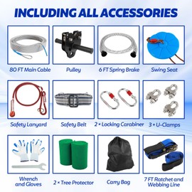 FAHKNS Zip Line Kit for Kids Adults: 80FT Up to 400 lbs - Updated Removable Design Trolley,Thickened Seat,Safety Harness,Quick Tighten Zipline Kits for Outdoor Backyard