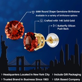 Gem Stone King 14K Yellow Gold Gemstone Birthstone Stud Earrings | Round 6MM | Gold Earrings For Women Men