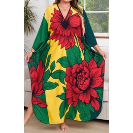 Orshoy Womens Swim Cover Up Long Kaftan Beach Dresses Maxi Caftan Kimono Tunic Bathing Suit Nightwear Free Size Yellow Red Flower