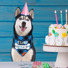 PTDECOR Dog Birthday Party Supplies, It’s My Birthday Dog Bandana Blue Plaid Boy Dog Birthday Bandana for Large and Extra Large Dogs (Blue, X-Large)