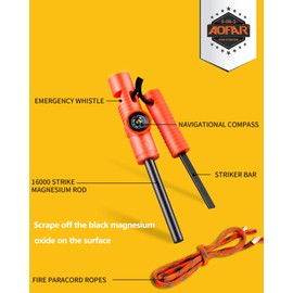 AOFAR Fire Starter AF-381 Fire Steel 5-in-1 for Camping, Hiking, Hunting, Backpacking, Boating, Outdoor Magnesium Survival Rod with Fire Paracord, Compass and Whistle, Waterproof (2-Pack)…