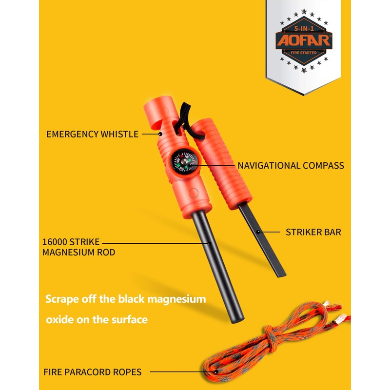 AOFAR Fire Starter AF-381 Fire Steel 5-in-1 for Camping, Hiking,