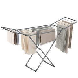 SONGMICS Clothes Drying Rack, Metal Laundry Drying Rack, Foldable, Space-Saving, Free-Standing Airer, with 2 Gullwings, Indoor Outdoor Use, Bed Linen Clothing, Gray ULLR540G01