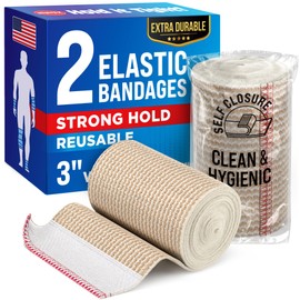 Premium Elastic Bandage Wrap - 3” (2pk) - Strong Compression - Self-Closing Reusable Bandages for Legs and Arms - Wrist, Elbow, Foot, Ankle, Knee Wrap - for First Aid Kit and After Surgery Recovery