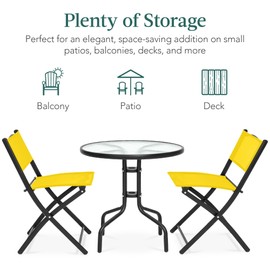 Best Choice Products 3-Piece Patio Bistro Dining Furniture Set w/Textured Glass Tabletop, 2 Steel Folding Chairs, Polyester Fabric - Yellow