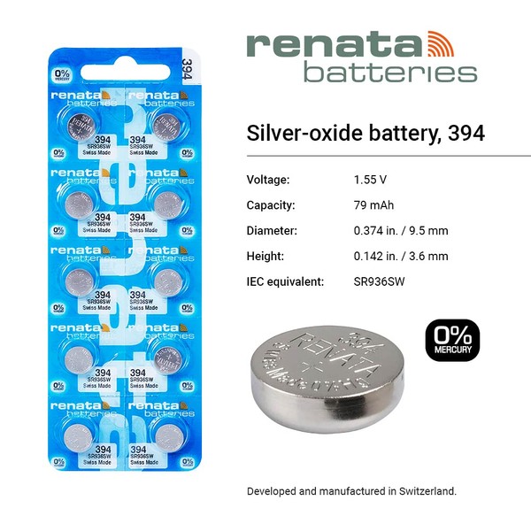 Renata Batteries 394 / SR936SW Silver Oxide 0% Mercury Battery (5 Pack)