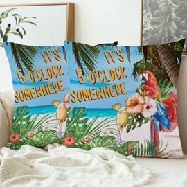 Soft Velvet Square Throw Pillow Cases 18 X 18 , Set of 2 It's Five O'clock Somewhere Parrot Decorative Pillow Covers Cushion Case for Farmhouse Home Decor