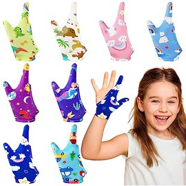 16 Piezas Pulgar Chupando Parada para Niños Guantes Masticables Protector de Pulgar Transpirable para Detener Succión para Chuparse de Dedo Guantes para Morder de Uñas, 8 Estilos, 2 Dedos (8-12 años)
