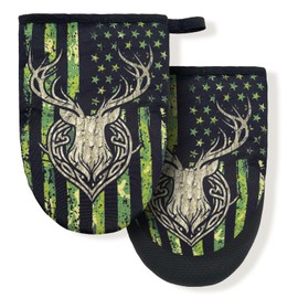 Camouflage Hunting Deer American Flag Mini Silicone Oven Mitts, Heat Slip Resistant Kitchen Gloves 2-Pack Set, Soft Short Small Oven Mittens Pot Holders for Baking Grilling Barbecue Microwave Gift