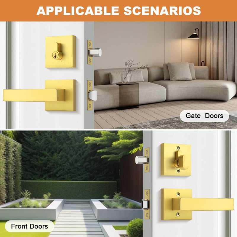 Probrico Keyed Alike Brushed Gold Exterior Door Locksets Square, Satin