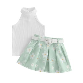 Aifawile Toddler Baby Girl Summer Clothes Sleeveless Knit Vest Top Floral Pleated Mini Skirts Set Kids Summer 2Pcs Outfits (01- Green, 2-3T)