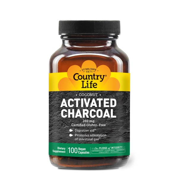 Country Life Activated Charcoal, Digestive Aid, 260mg, 100 Vegan Capsules, Certified Gluten Free, Certified Vegan, Non-GMO Verified