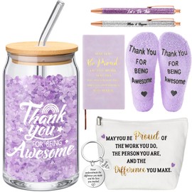 Funnymoom 7 Pcs Employee Appreciation Gift for Women Thank You Gift May You Be Proud Journal Makeup Bag Glass Tumbler Socks Ballpoint Pen Keychain for Women Coworker Teacher Employee Nurse(Purple)