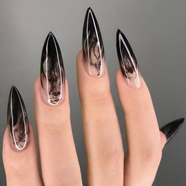 24Pcs Stiletto Press on Nails with Ink Smudge Design Long Stiletto Fake Nails Acrylic False Nails Stick on Nails Glossy Black Stiletto Nails Gel Glue on Nails for Coquette Women Girls