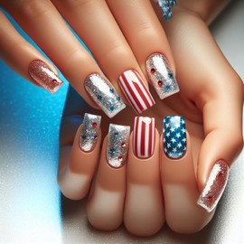24pcs Independence Day Press on Nails July 4th Fake Nails Full Cover Medium Length with Star Stripe Rhinestones designs Patriotic False Nails Glitter Red Blue White Acrylic Nails for Women