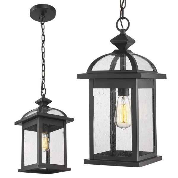 Darkaway Outdoor Pendant Light Fixture Lantern, Large 20inch Hanging Porch Light with Glass Aluminum Outdoor Pendant Lights for Porch, Patio, Entryway (Large, Black)