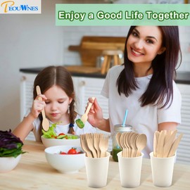 PEOUWNES 300 Pcs Wooden Disposable Cutlery Set - 100 Forks, 100 Knives and 100 Spoons, Compostable Forks, Wooden Utensil Set for Party, Camping, Picnics, Dinner and Wedding