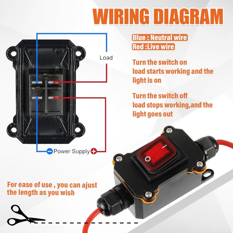 JAMHER DC 12V-24V Waterproof Inline Switch IP65 DPST Dual Side