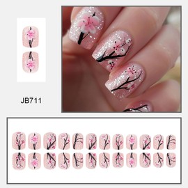 24Pcs Pink Flower Press on Nails Short Square Fake Nails with Silver Glitter Design Glossy Full Cover Artificial Glue on Nails Cute False Nails Spring Stick on Nails Cute Nail Supplies for Women DIY