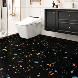 Wallderful 20 Pack Terrazzo Peel and Stick Floor Tile Waterproof Black Peel and Stick Tile Colorful Dark Marble Vinyl Flooring Roll Removable Boho Laminate Flooring for Kitchen Bathroom Garage Bedroom